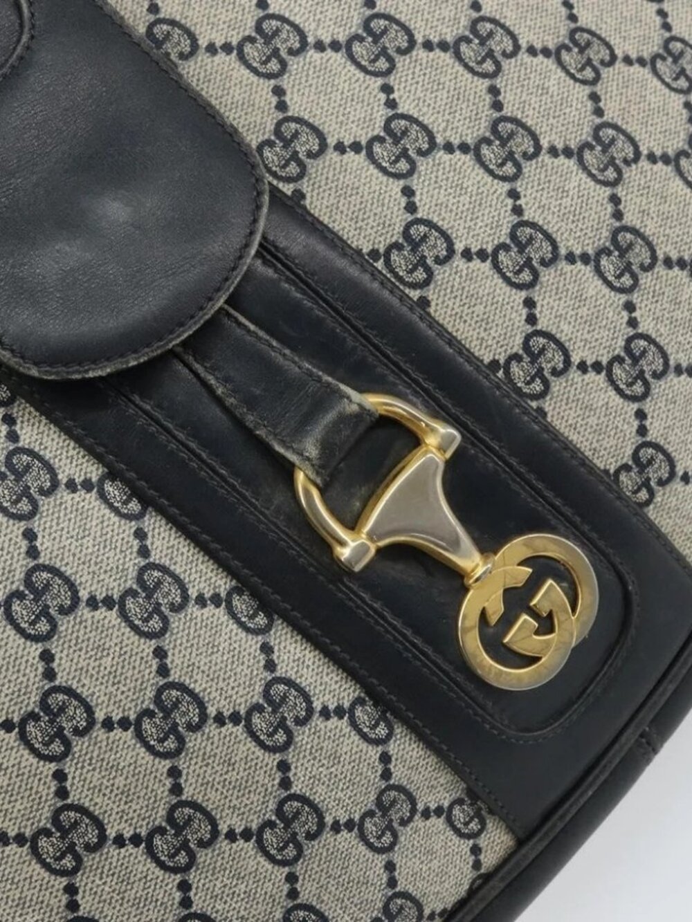 GUCCI GG Supreme Horsebit Shoulder Bag PVC Navy Gold - Picture 9 of 16